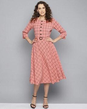 checked fit & flare dress with belt