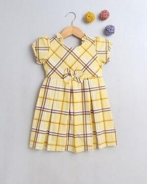 checked fit & flare dress with bow applique