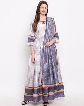 checked fit & flare dress with dupatta