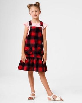checked fit & flare dress with patch pockets