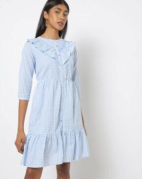 checked fit & flare dress with ruffles