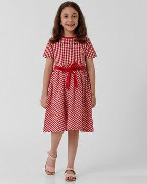 checked fit & flare dress with tie belt