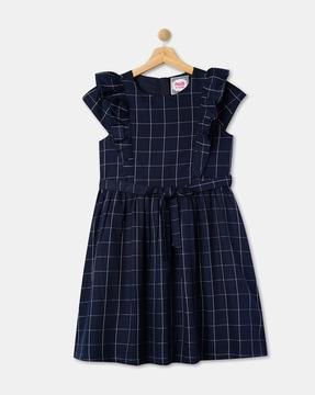 checked fit & flare dress with waist tie-up