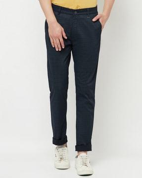 checked flat-front pants with insert pockets