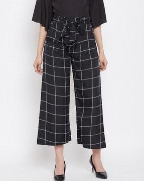 checked flat-front pants with tie-up waist