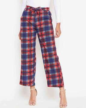 checked flat-front pants with tie-up waist