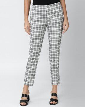 checked flat-front pants
