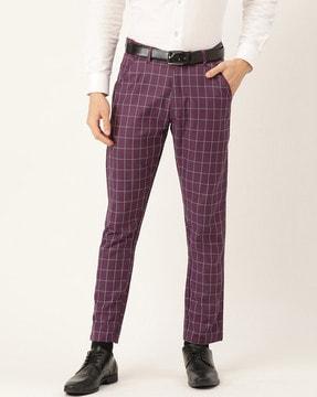 checked flat front slim fit trousers