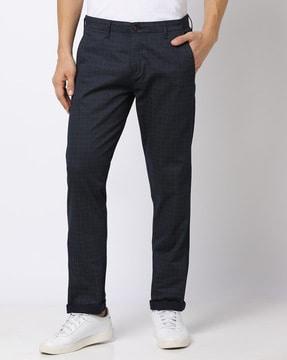 checked flat-front slim fit trousers