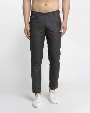 checked flat-front tapered fit trousers