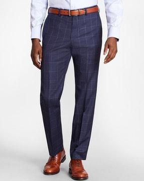 checked flat-front trousers with insert pockets