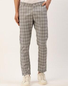 checked flat-front trousers