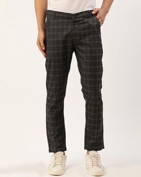 checked flat-front trousers