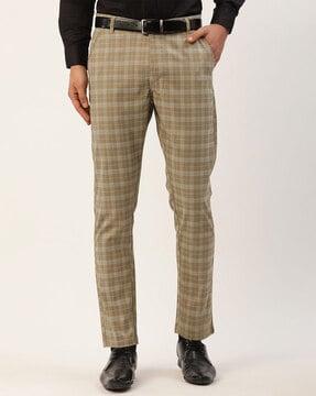 checked flat-front trousers