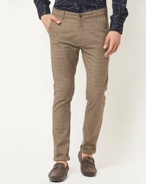 checked flat-front trousers