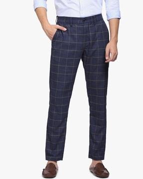 checked flat front trousers