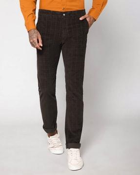 checked flat-front trousers