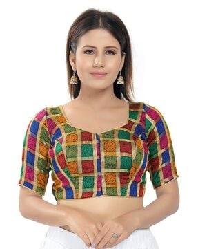 checked front-open blouse