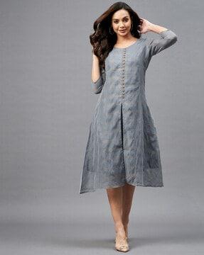 checked front-slit a-line dress