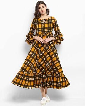 checked gown dress with tiered sleeves