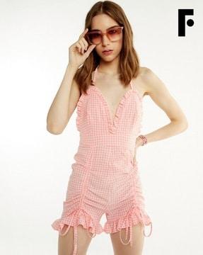 checked halter-neck playsuit