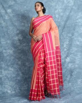 checked handloom saree with tassels