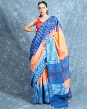 checked handloom saree with tassels