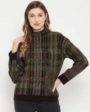 checked high-neck relaxed fit pullover