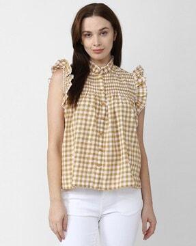 checked high-neck top with ruffle accent