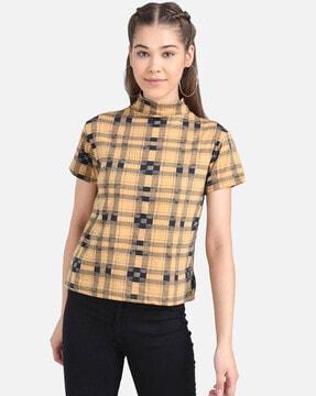 checked high-neck top