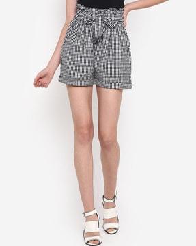 checked high-rise shorts with tie-up