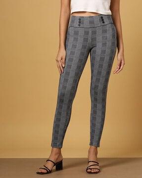 checked high-rise skinny fit pants