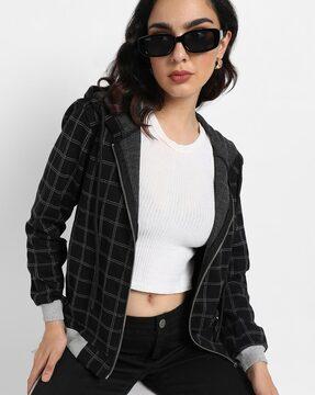 checked hooded bomber jacket