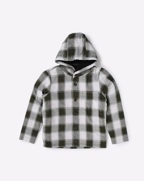 checked hooded jacket with patch pocket