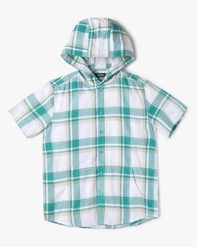 checked hooded regular fit shirt