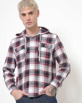 checked hooded shirt with flap pockets