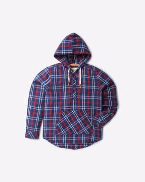 checked hooded shirt with kangaroo pocket