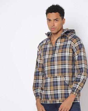 checked hooded shirt with kangaroo pocket