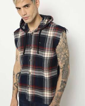 checked hooded shirt with patch pocket