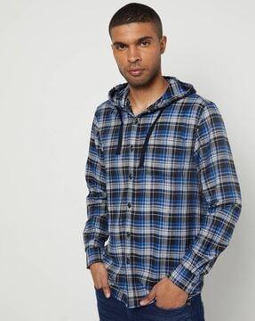 checked hooded shirt with patch pocket