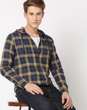 checked hooded shirt with patch pocket