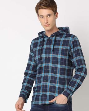 checked hooded shirt with patch pocket