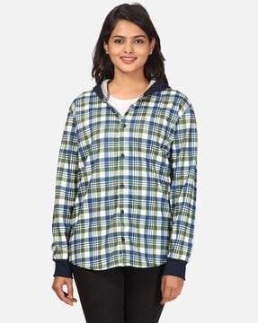 checked hooded shirt with patch pocket