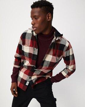 checked hooded shirt with patch pockets