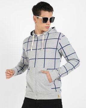 checked hooded sweatshirt with kangaroo pockets