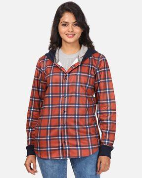 checked hooded sweatshirt with patch pocket