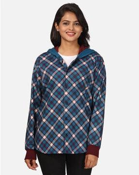 checked hooded sweatshirt with patch pocket