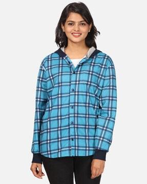 checked hooded sweatshirt with patch pocket