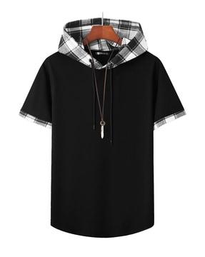 checked hooded t-shirt