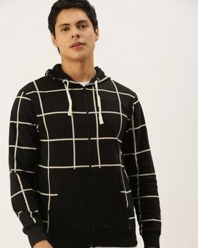 checked hoodie with split-kangaroo pockets